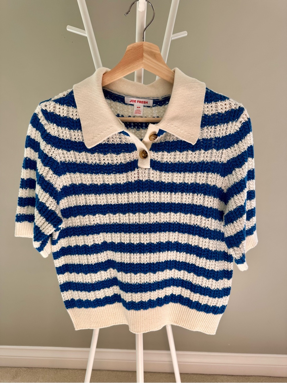 Joe Fresh Blue and Cream Striped Short-Sleeve Polo Knit Sweater